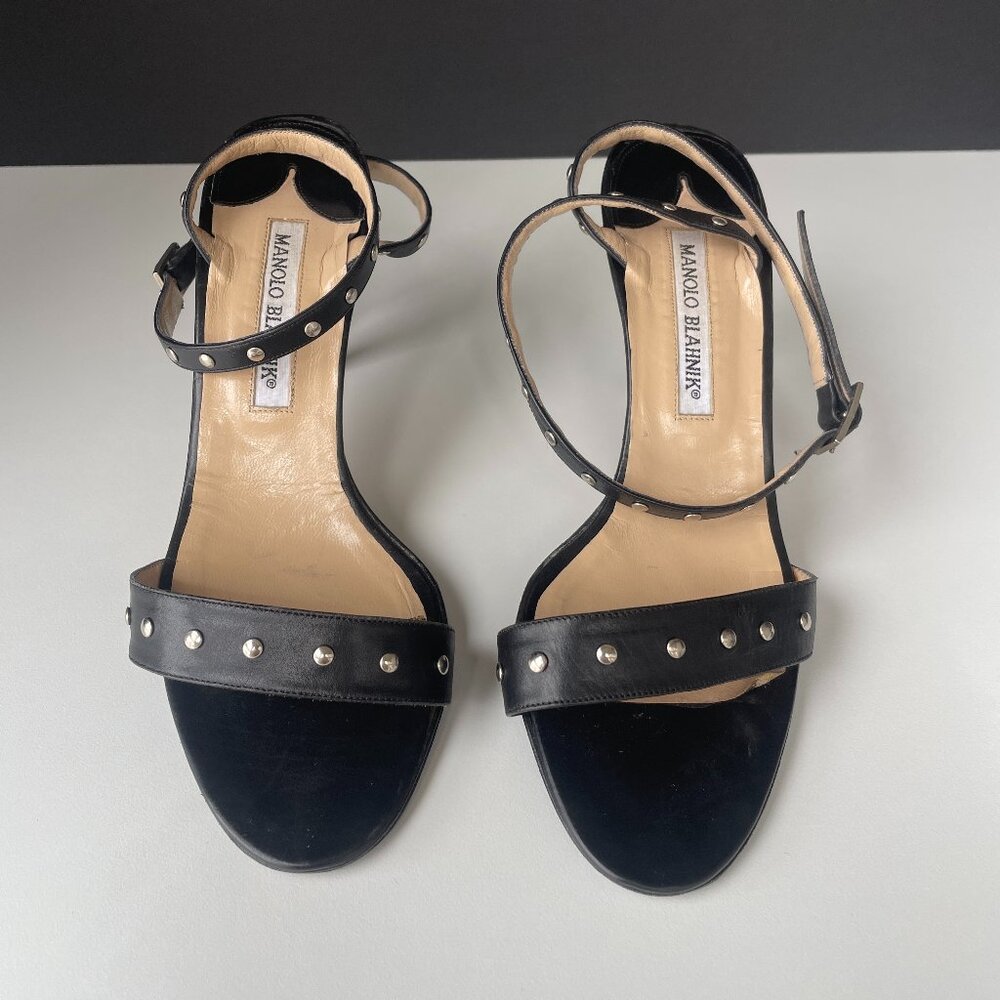 Manolo Blahnik Black Leather Strappy Studded Heels Sandals